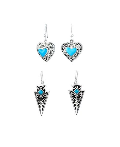 Bling Jewelry Heart Milgrain Turquoise Arrowhead Dangle Earrings Sterling Silver (2 Set)