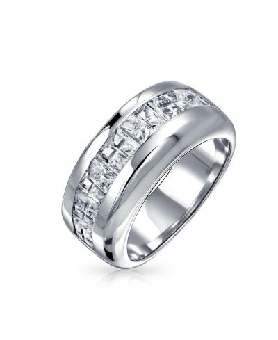 Bling Jewelry Channel Set Sapphire Blue CZ Cubic Zirconia Square Invisible Cut Wedding Band Ring Sterling Silver 9MM