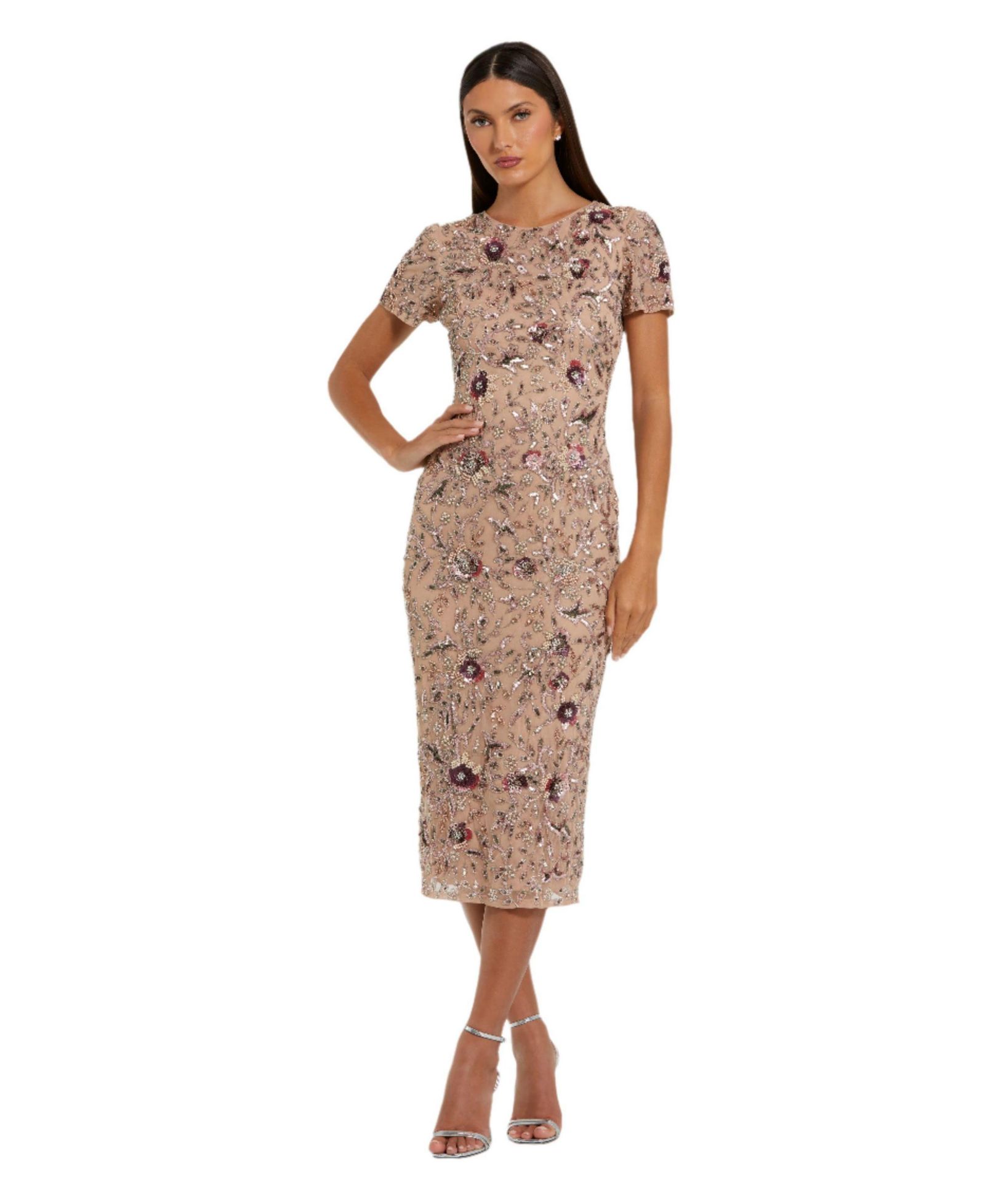 Mac Duggal Women's Floral Embellished Short Sleeve Midi Dress