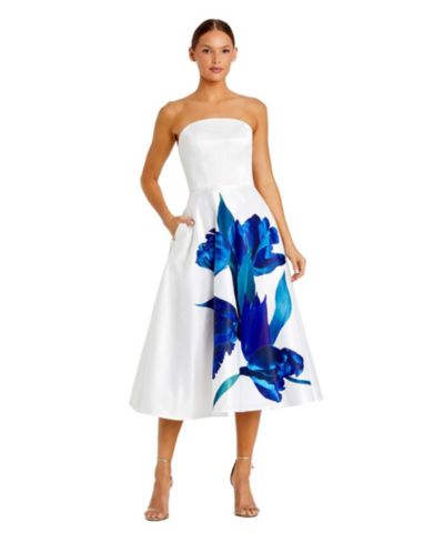 Mac Duggal Women's Strapless Satin Midi Dress With Flower Print