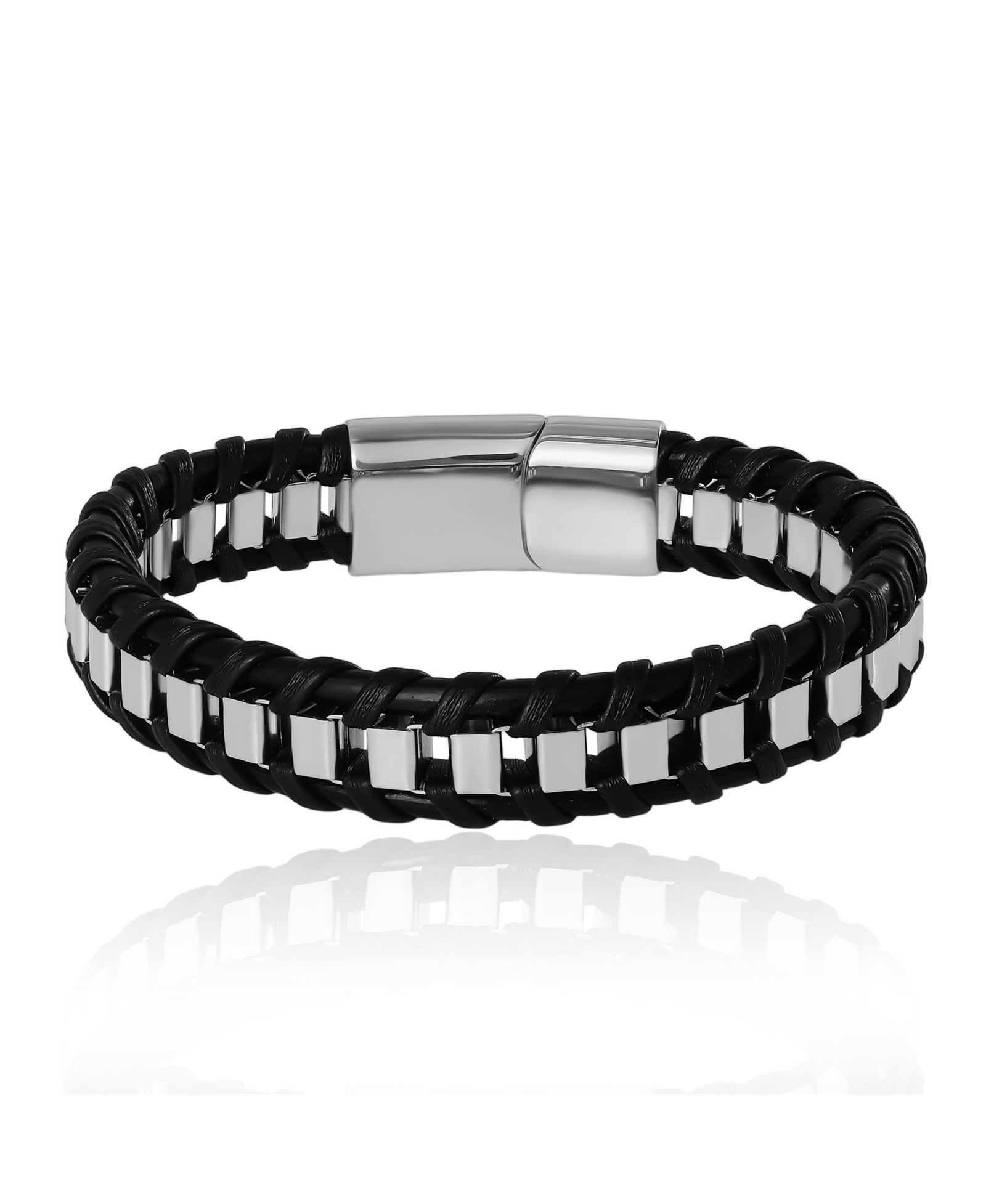 Lucky Brand Men’s Woven Leather & Stainless Link Bracelet, Magnetic Clasp - 8.5''