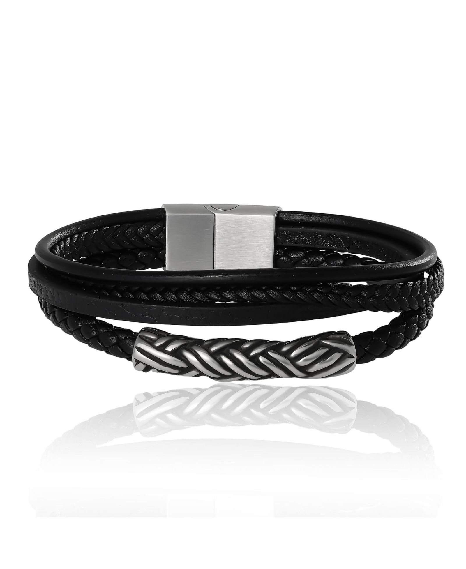 Lucky Brand Men’s Multi-Row 8'' Leather Bracelet with Braided Barrel, Black
