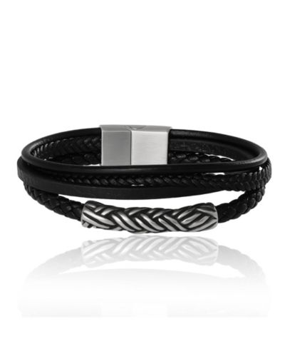 Lucky Brand Men’s Multi-Row 8'' Leather Bracelet with Braided Barrel, Black