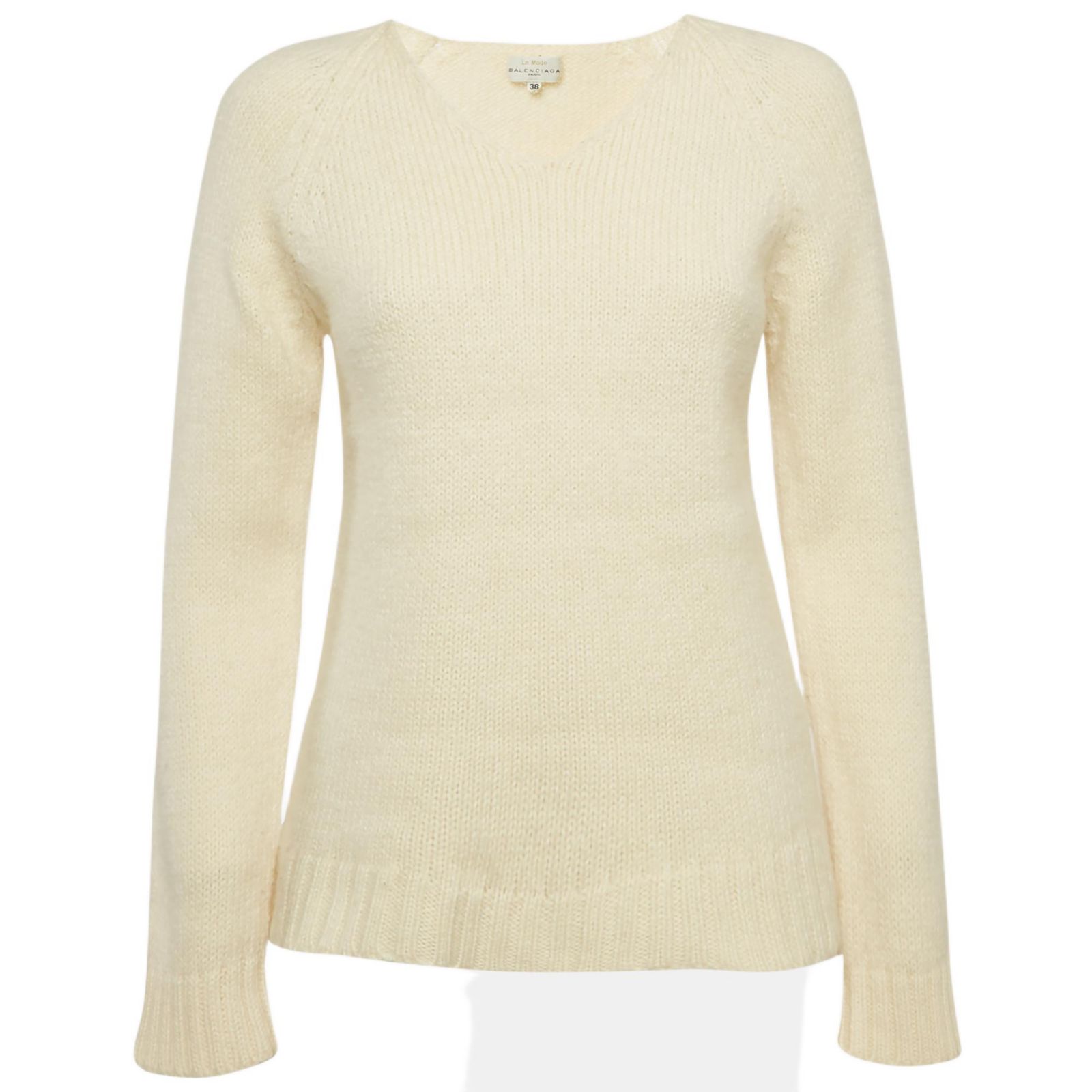 Pre-Owned Balenciaga Women's Vintage La Mode Cream Rib Knit V-Neck Sweater