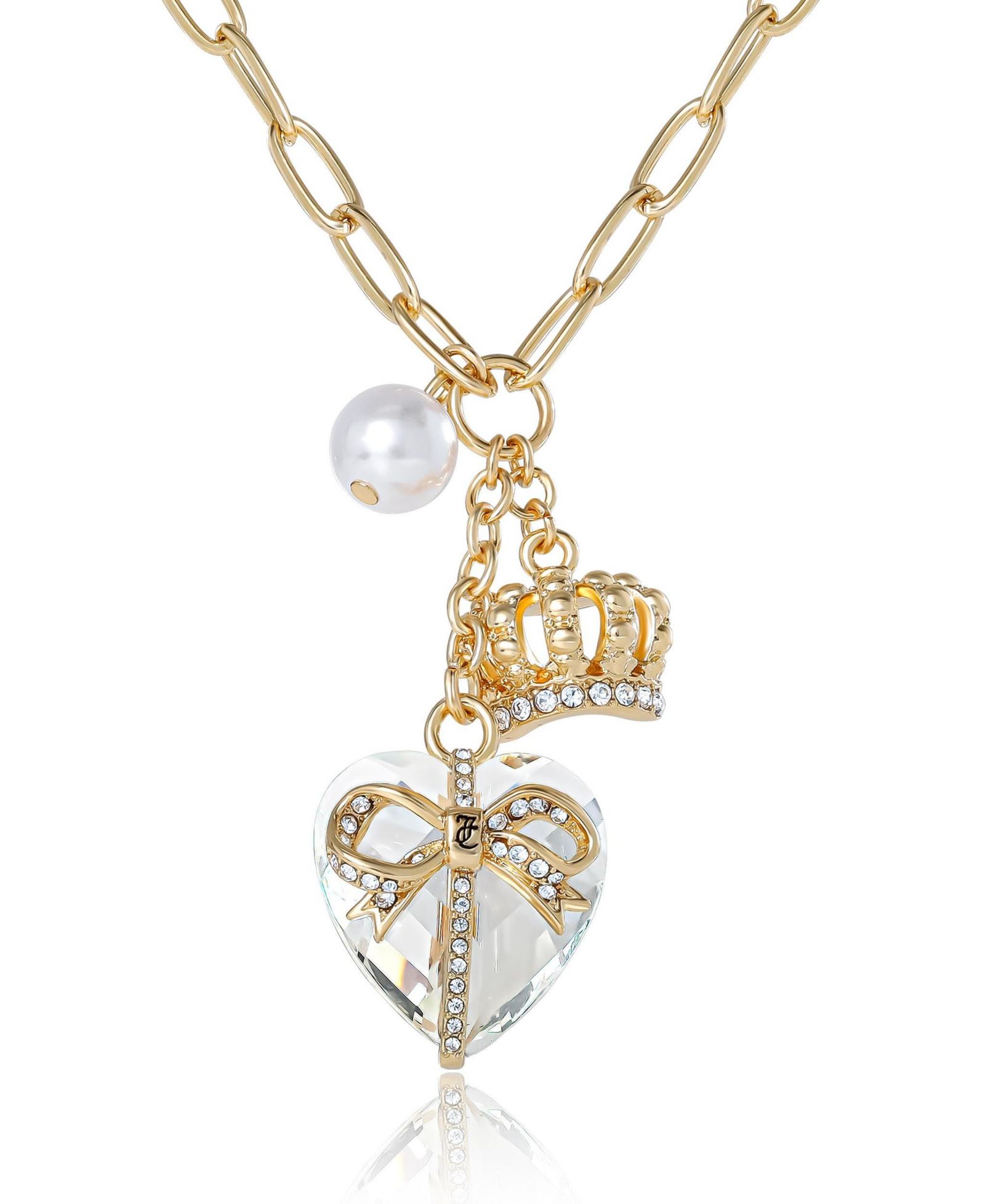 Juicy Couture ожерелье Charm Cluster с акцентами из сердца и жемчуга, Gold-Tone