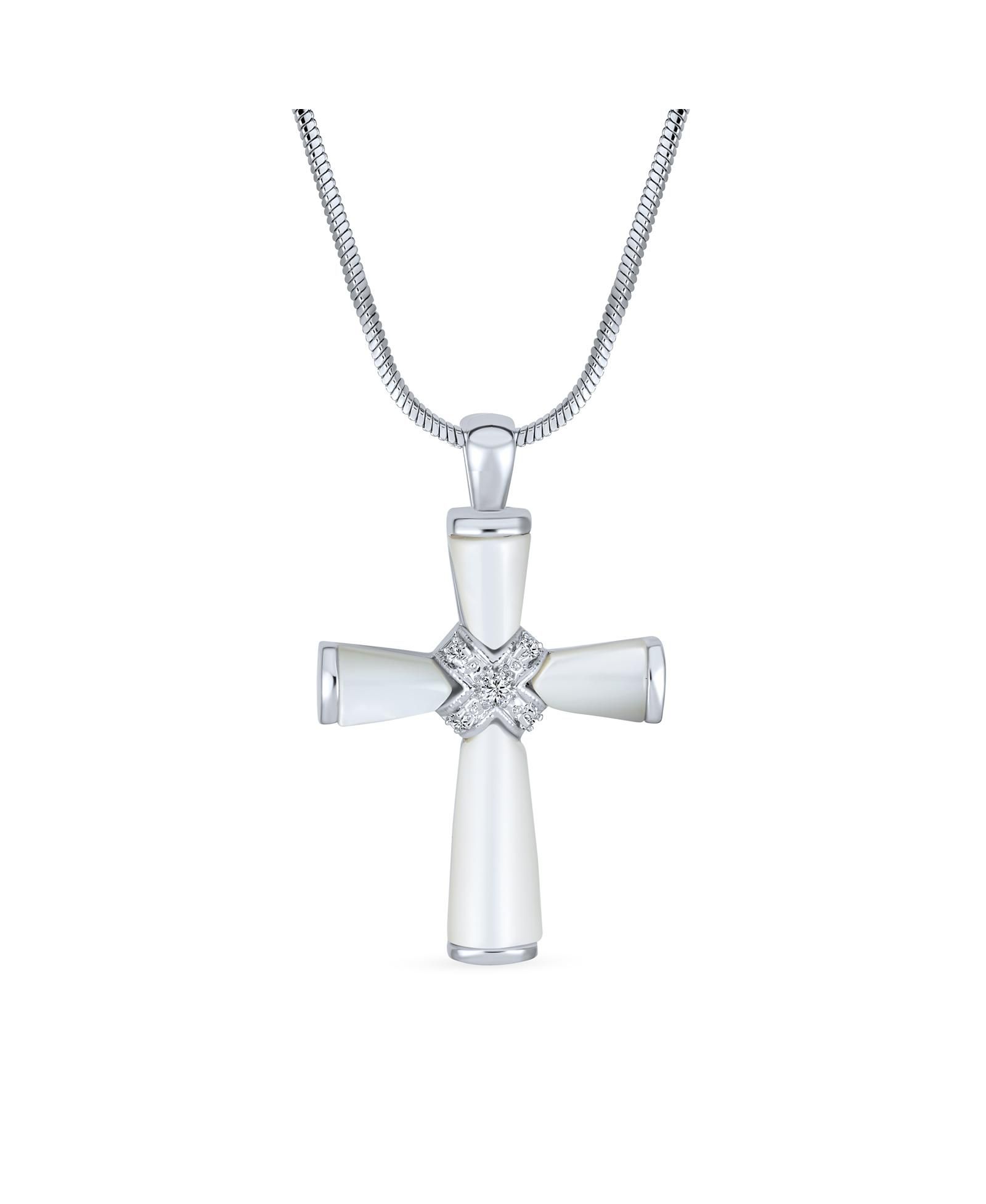 Подвеска Bling Jewelry Religious Mother Of Pearl MOP Cross Rhodium Plated Brass Snake Chain