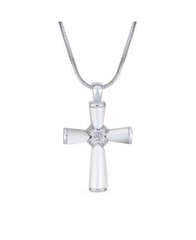 Bling Jewelry Religious Mother Of Pearl MOP Cross Pendant Necklace Rhodium Plated Brass Snake Chain Included