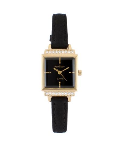 Женские часы Peugeot 22mm Gold Crystal с черным циферблатом и бежевым ремешком