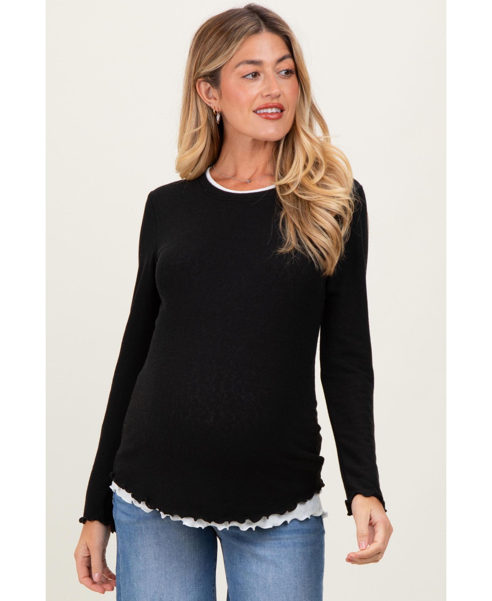 Pinkblush Women's Black/White Ribbed Long Sleeve Twofer Top