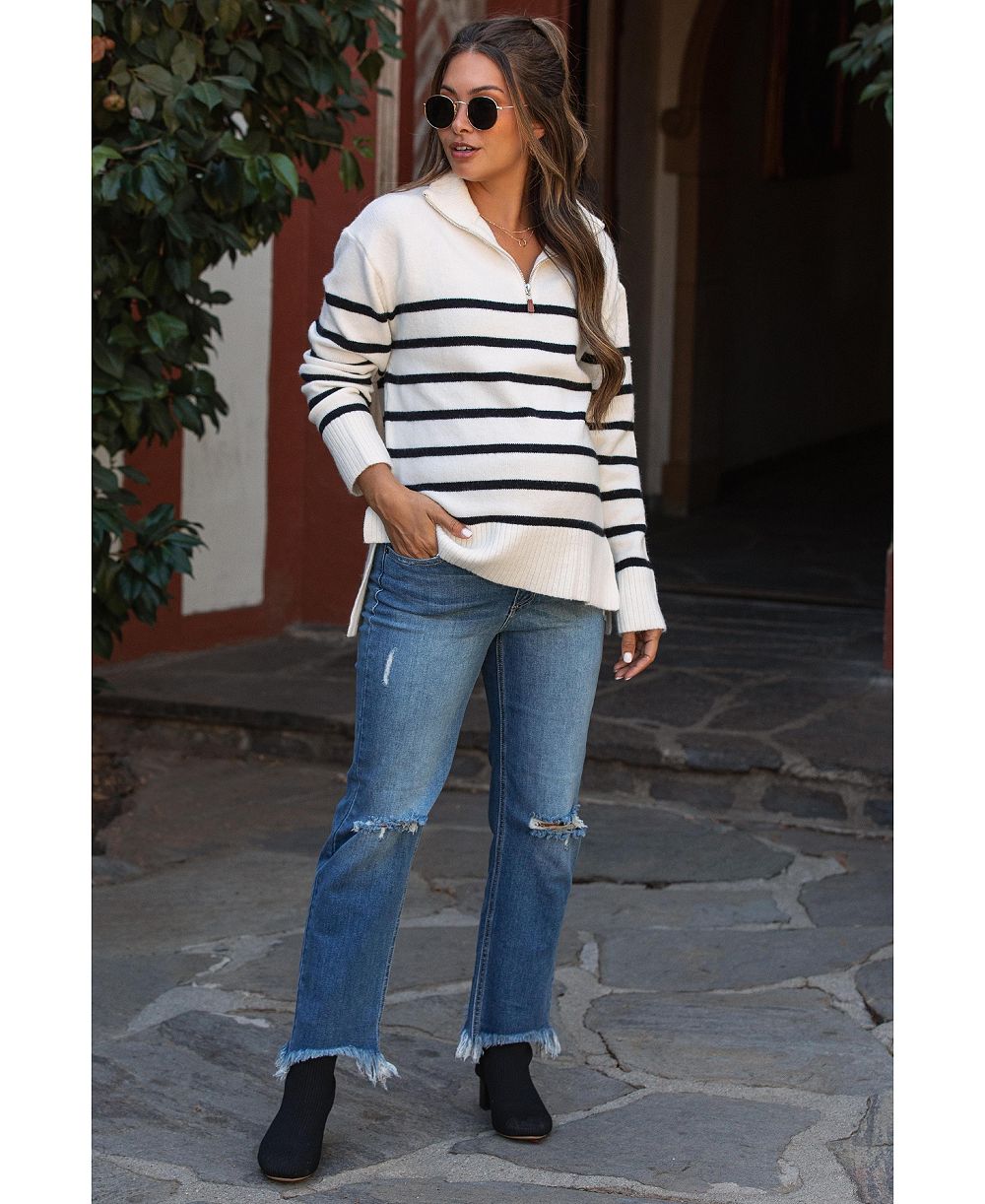 Pinkblush Women's Ivory Striped Half Zip Sweater