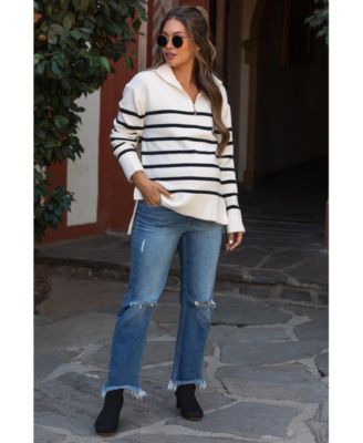 Pinkblush Women's Ivory Striped Half Zip Sweater