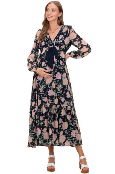 Pinkblush Women's Navy Floral Chiffon Bow Tie Front Maxi Dress