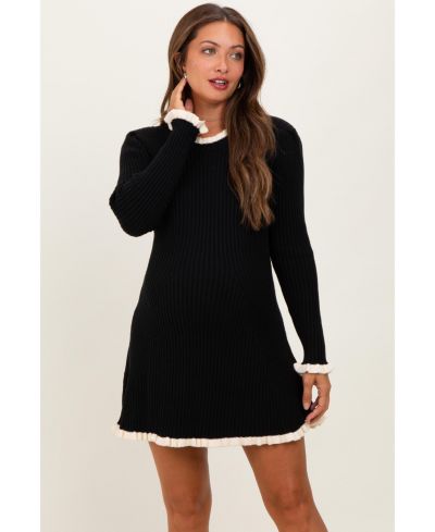 Pinkblush Women's Camel Ribbed Knit Contrast Ruffle Trim Mini Dress