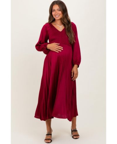 Pinkblush Women's Burgundy Satin Smocked Pleated Midi Dress