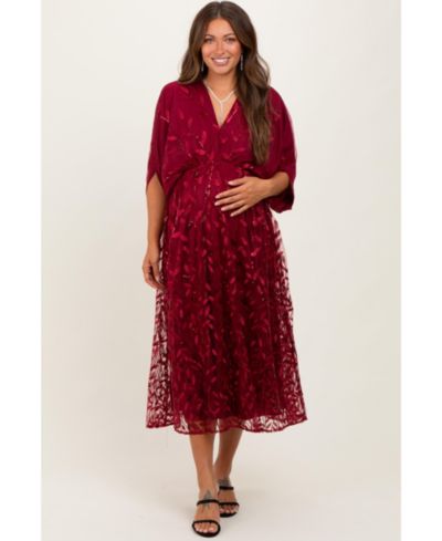 Pinkblush Women's Pinkblus Burgundy Embroidered Tulle Dolman V-Neck Midi Dress