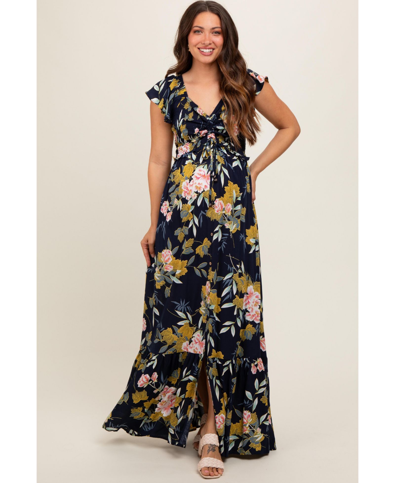 Pinkblush Женское Navy Floral Smocked Cinched Top Maxi Dress