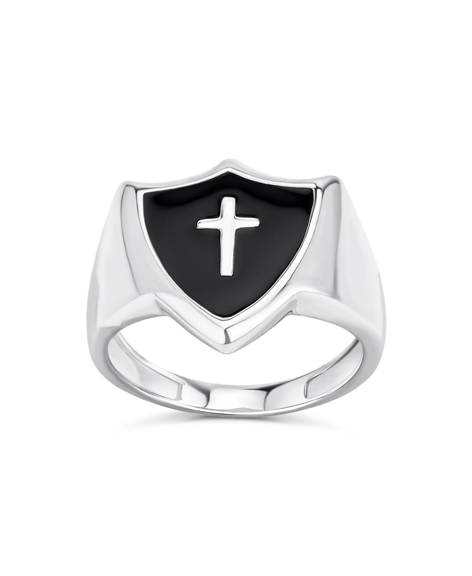 Bling Jewelry Religious Shield Design Cross Signet Ring Black Onyx Inlay .925 Sterling Silver