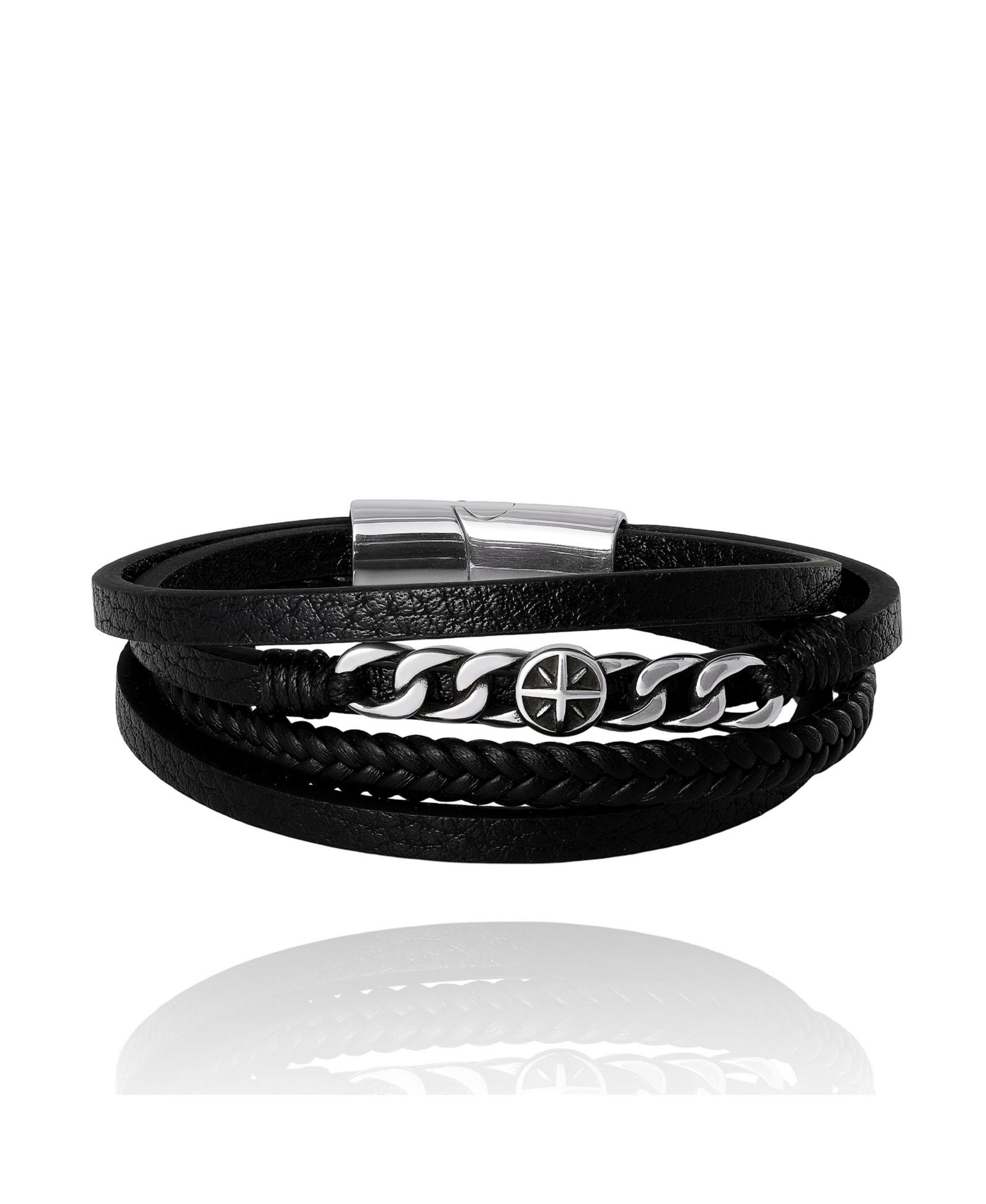 Lucky Brand Men’s Multi-Row Leather & Chain 8.25'' Bracelet with Compass Emblem