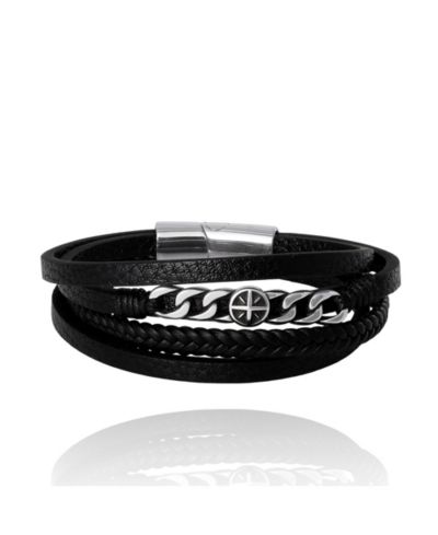 Lucky Brand Men’s Multi-Row Leather & Chain 8.25'' Bracelet with Compass Emblem