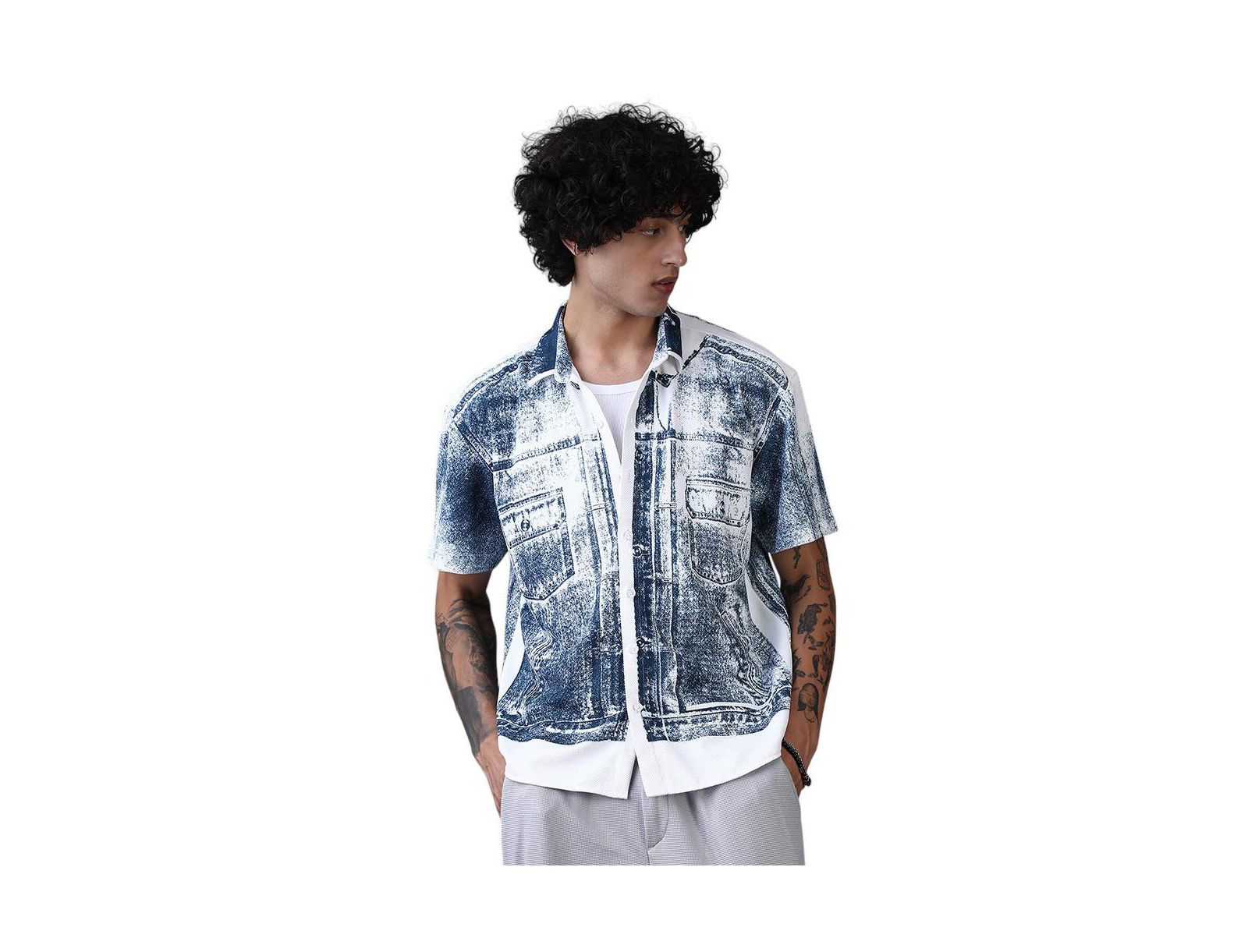 Мужская рубашка Campus Sutra Navy Blue Denim-Imprint Relaxed