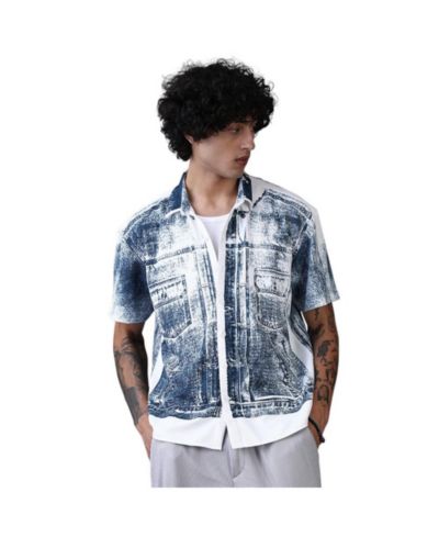 Мужская рубашка Campus Sutra Navy Blue Denim-Imprint Relaxed