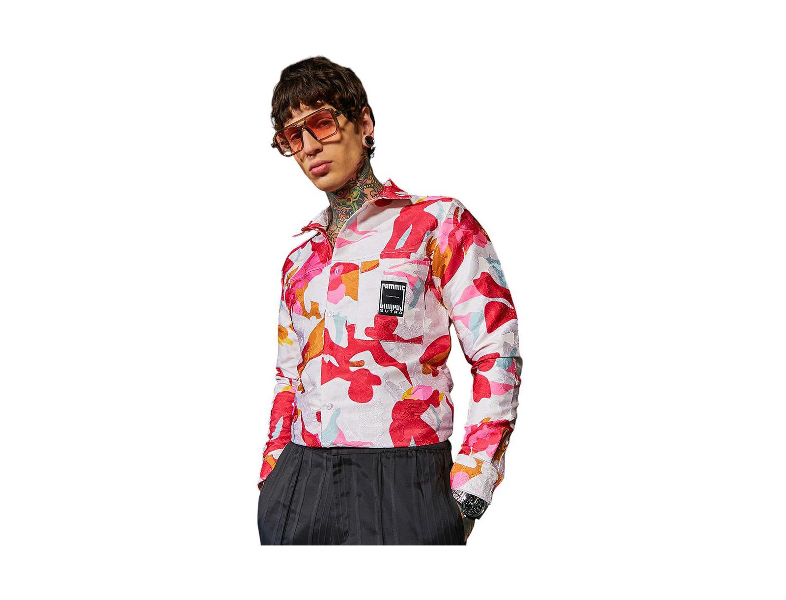 Campus Sutra Мужская рубашка с цветочным принтом Cream White & Scarlet Red