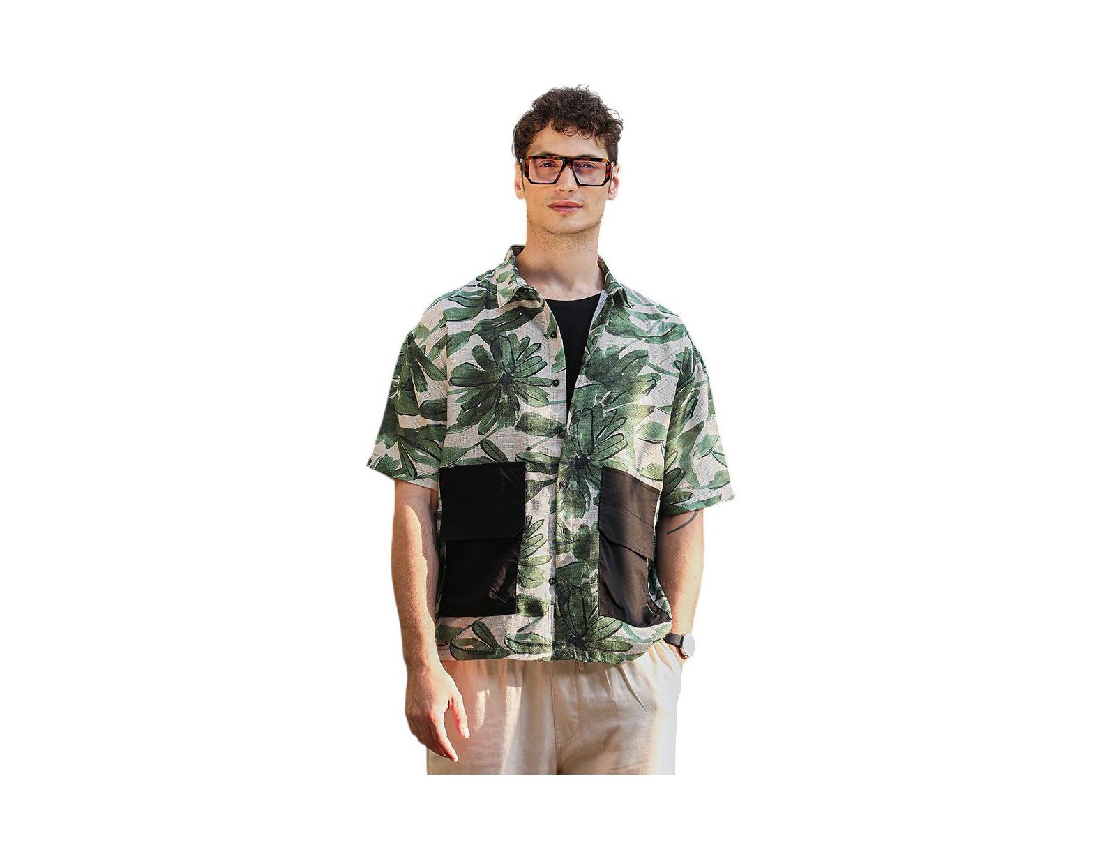 Campus Sutra Men's Jungle Green & Ivory White Flora-Stroke Oversized Shirt