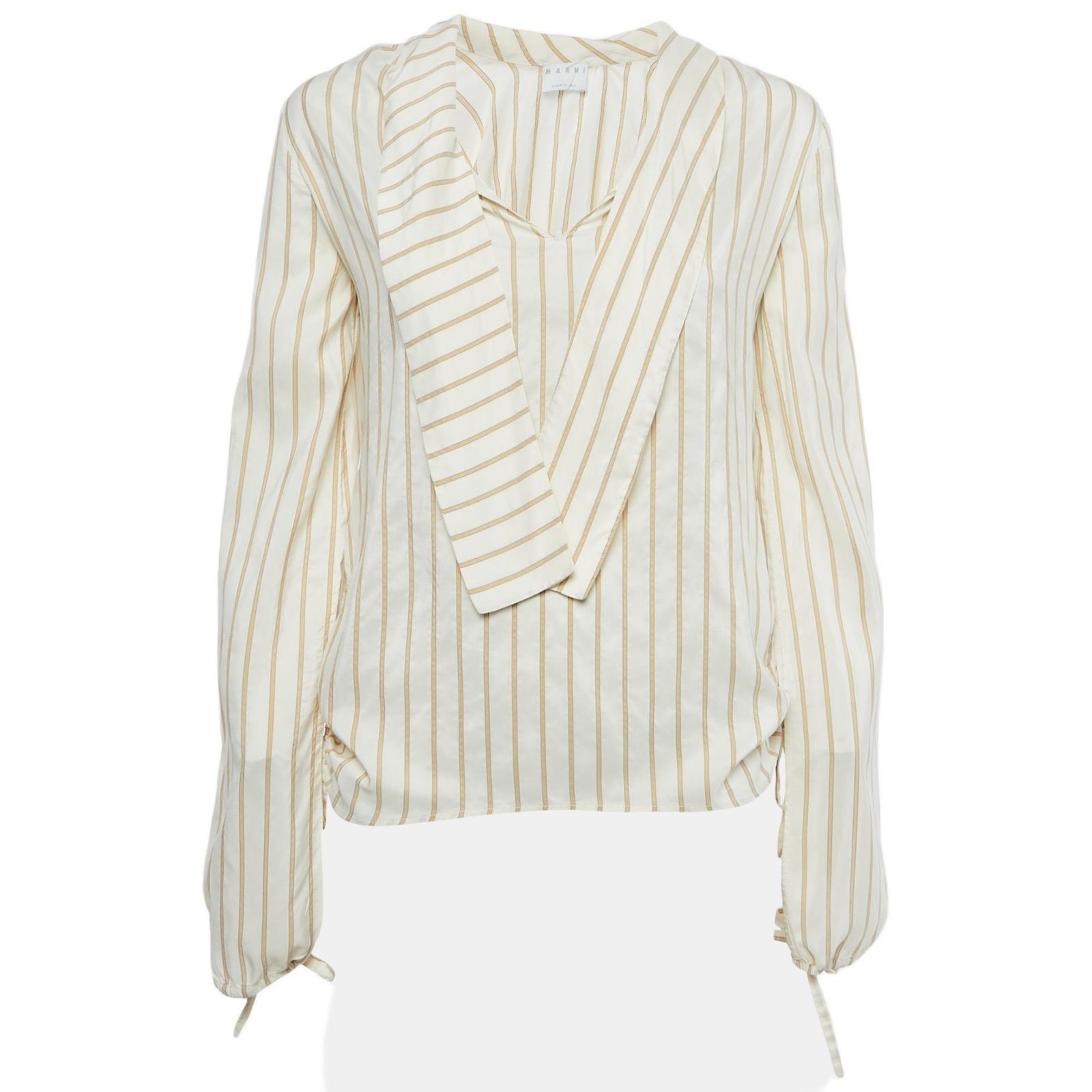 Pre-Owned Marni Women's Cream Stripe Silk Neck Tie-Up Detail Blouse