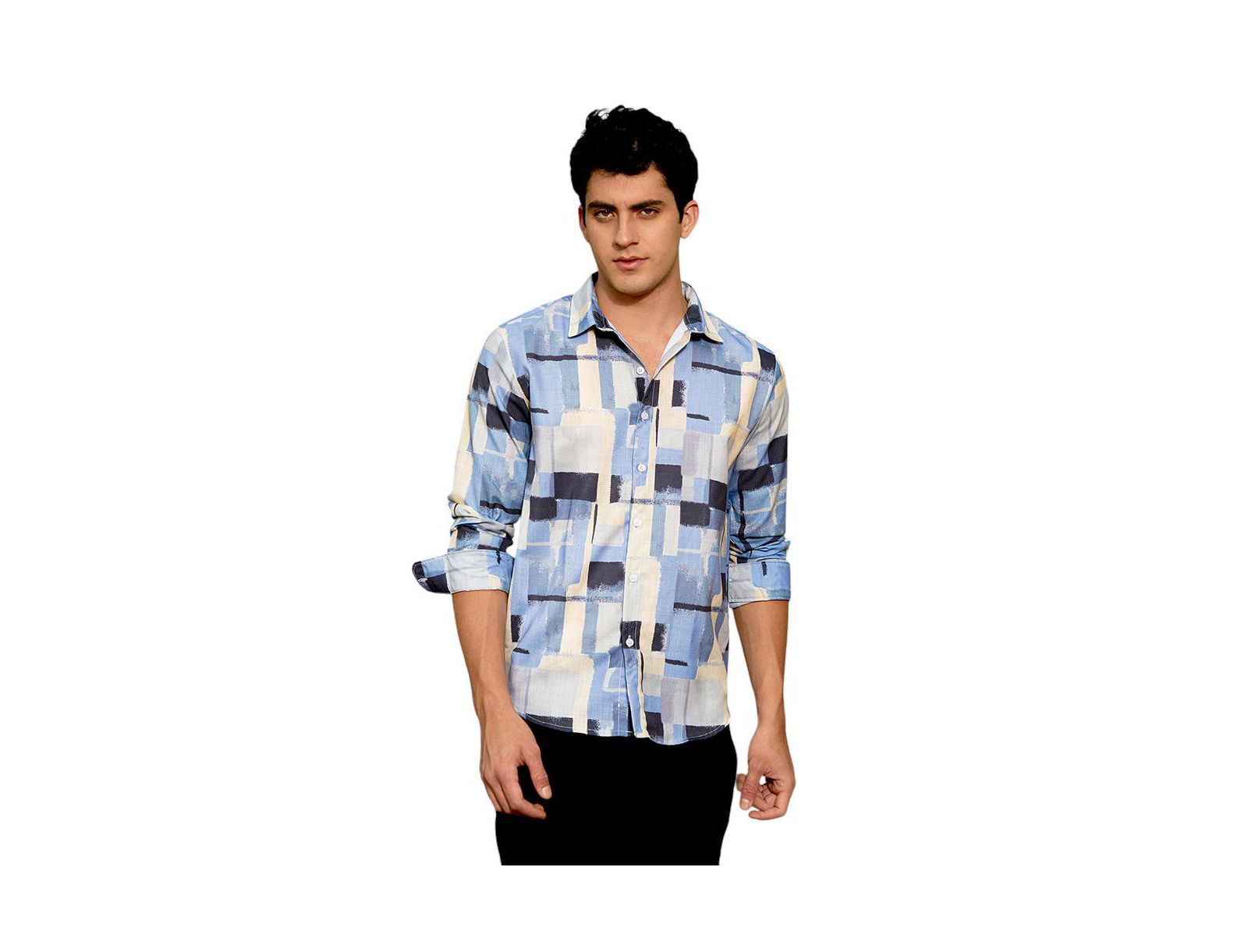 Campus Sutra Men's Powder Blue & Pale Yellow Cubic-Overlap Shirt