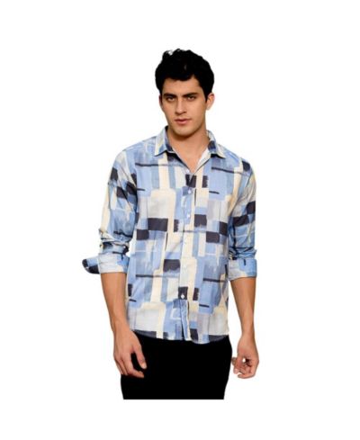 Campus Sutra Men's Powder Blue & Pale Yellow Cubic-Overlap Shirt