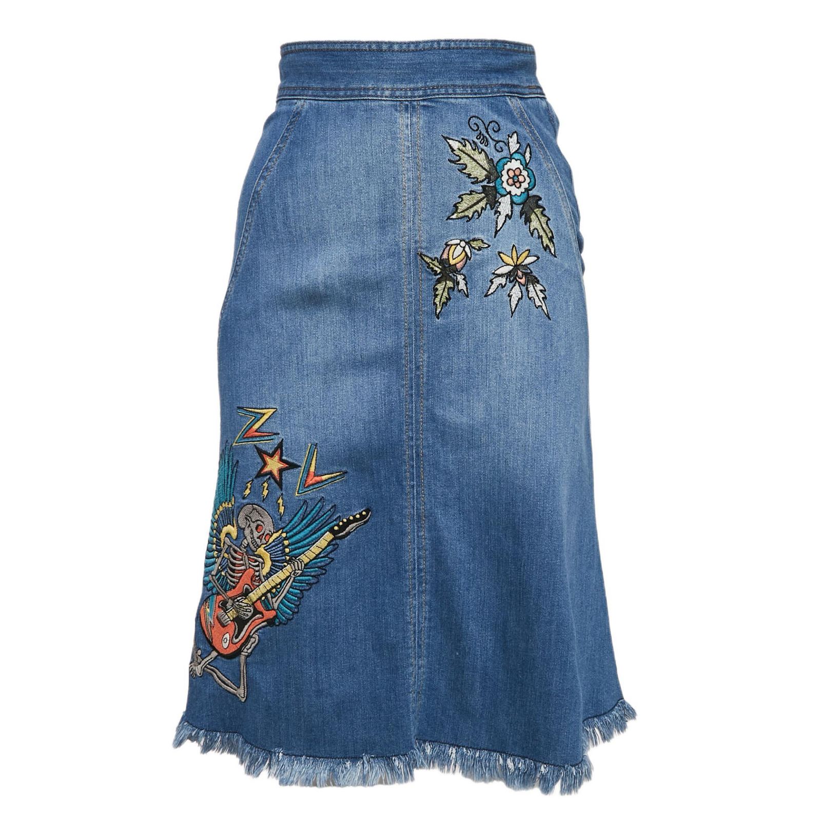 Pre-Owned Zadig & Voltaire Women's Blue Embroidred Denim Jamille Brode Deluxe Knee-Length Skirt