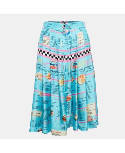 Pre-Owned Moschino Women's Couture Blue Drive In Menu Print Silk Pleated Midi Skirt