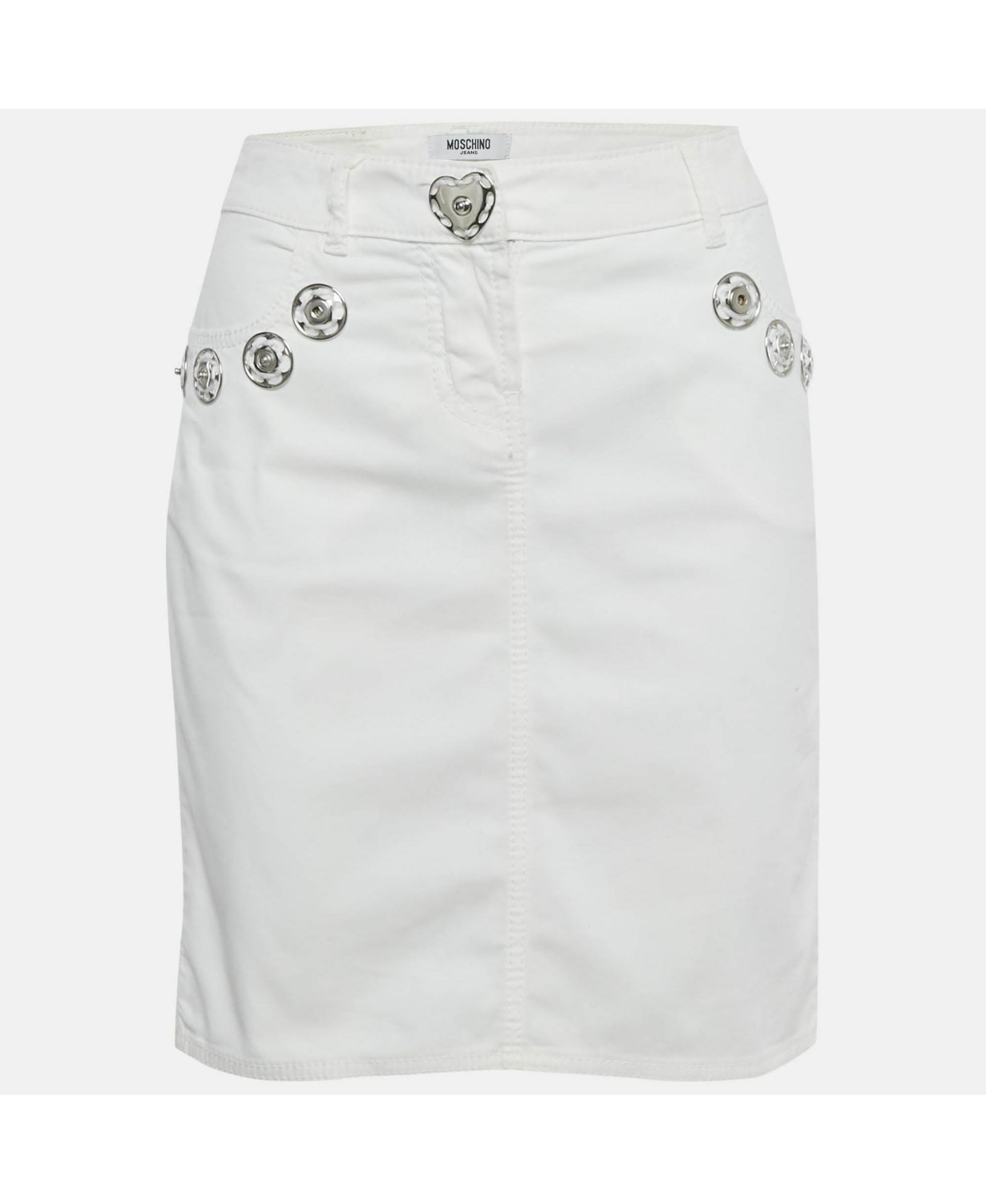 Pre-Owned Moschino Women's Jeans White Denim Button Detail Pencil Skirt