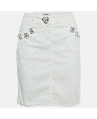 Pre-Owned Moschino Women's Jeans White Denim Button Detail Pencil Skirt