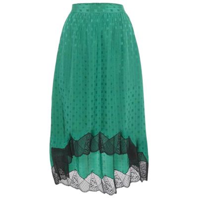 Pre-Owned Zadig & Voltaire Women's Green Patterned Silk Lace Trim Joslin Midi Skirt