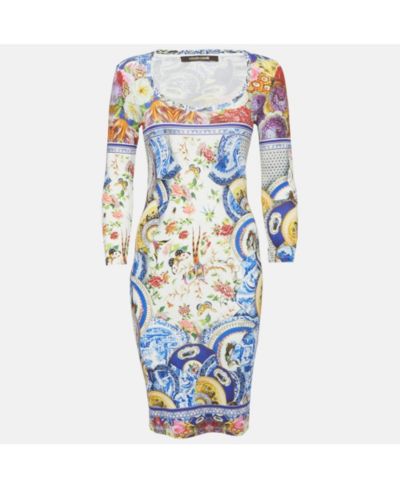 Женское платье Roberto Cavalli, многоцветный принт, трикотаж, круглый вырез, короткое