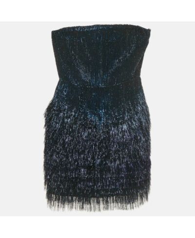 Pre-Owned Roberto Cavalli Women's Blue Sequin And Lurex Fringed Strapless Mini Dress