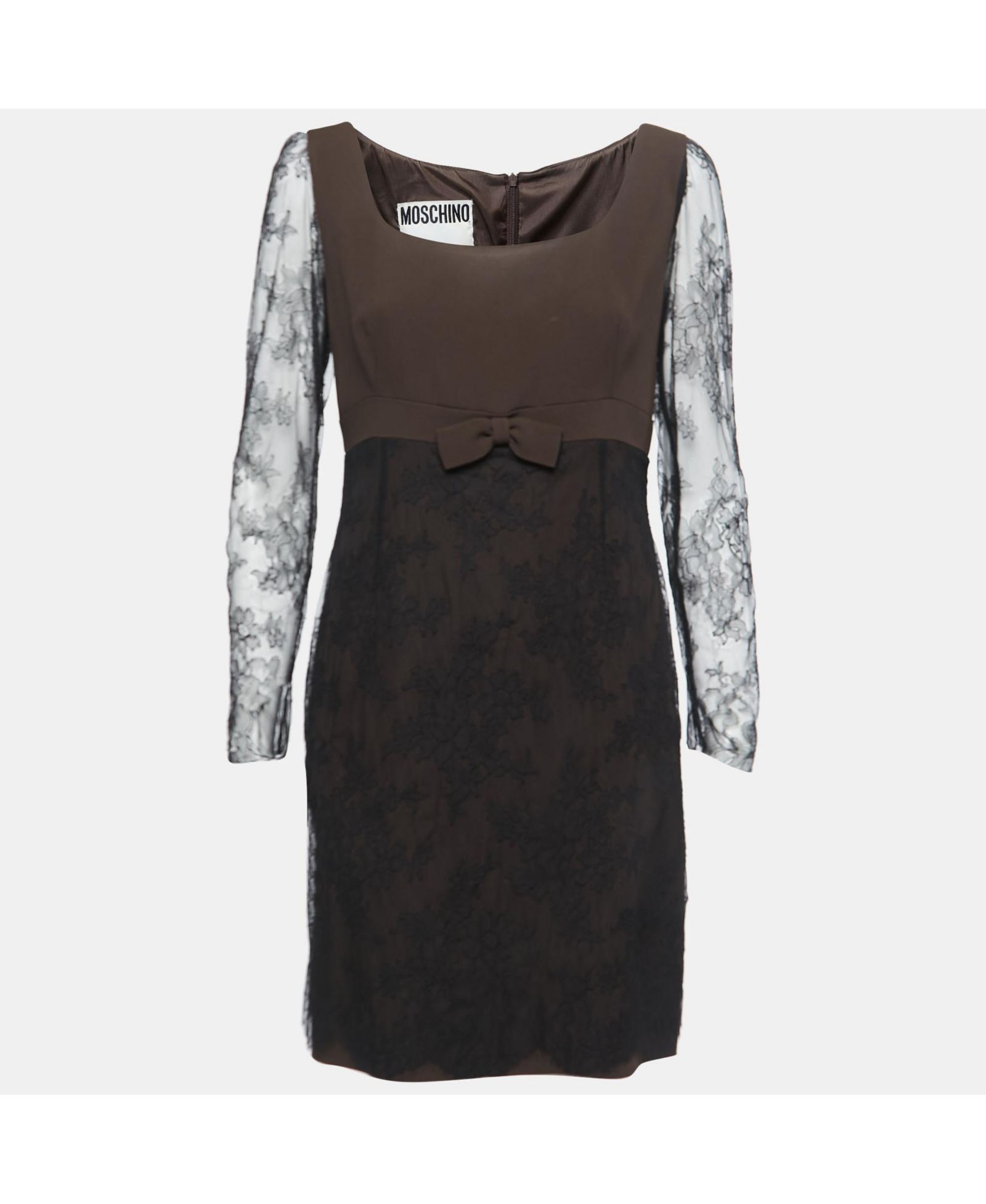 Pre-Owned Moschino Women's Couture Black & Brown Crepe Mini Dress with Lace Bow Detail