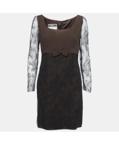Pre-Owned Moschino Women's Couture Black & Brown Crepe Mini Dress with Lace Bow Detail