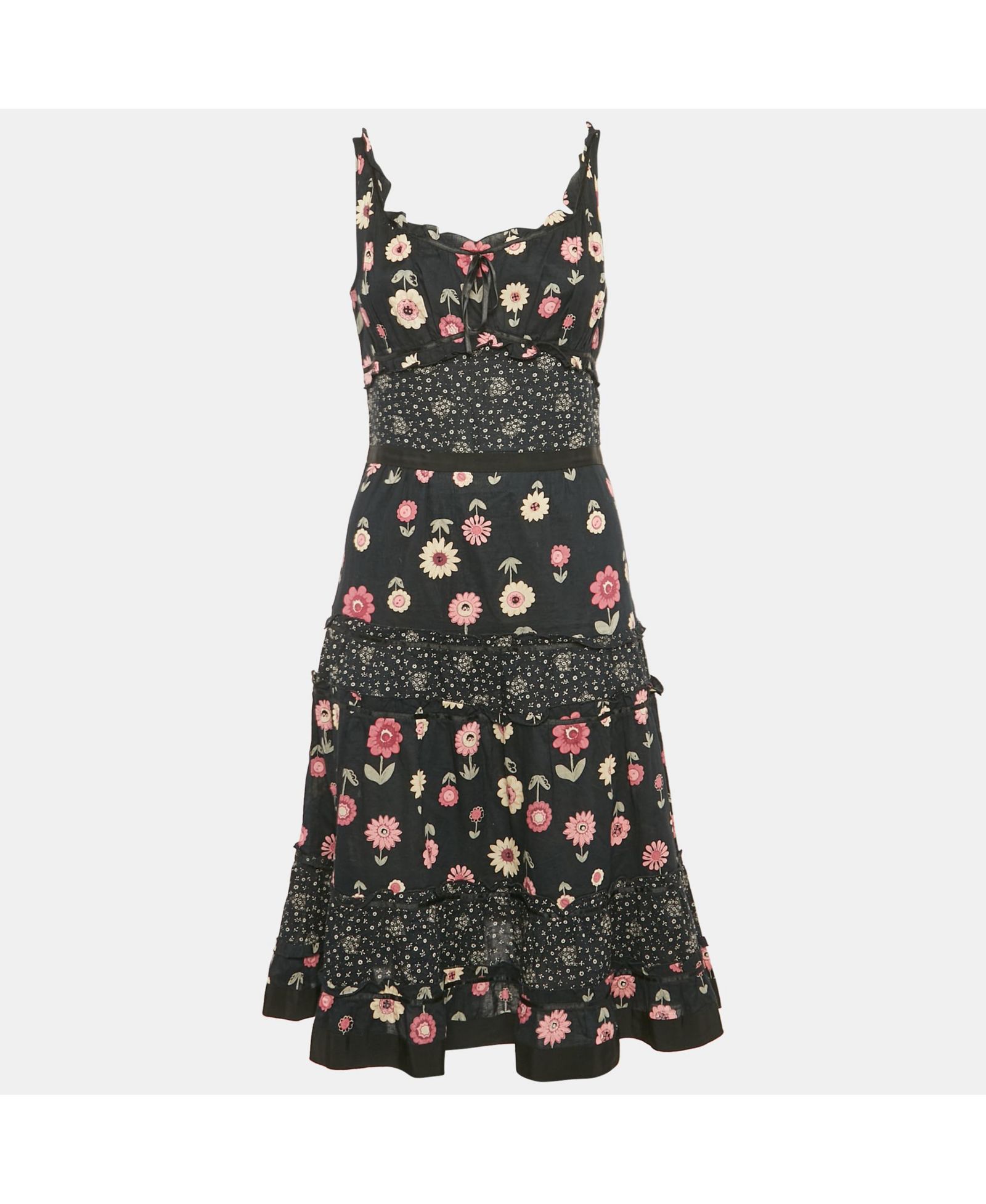 Женское короткое платье Moschino Cheap And Chic Dark Blue Floral Print Cotton Tiered Pre-Owned