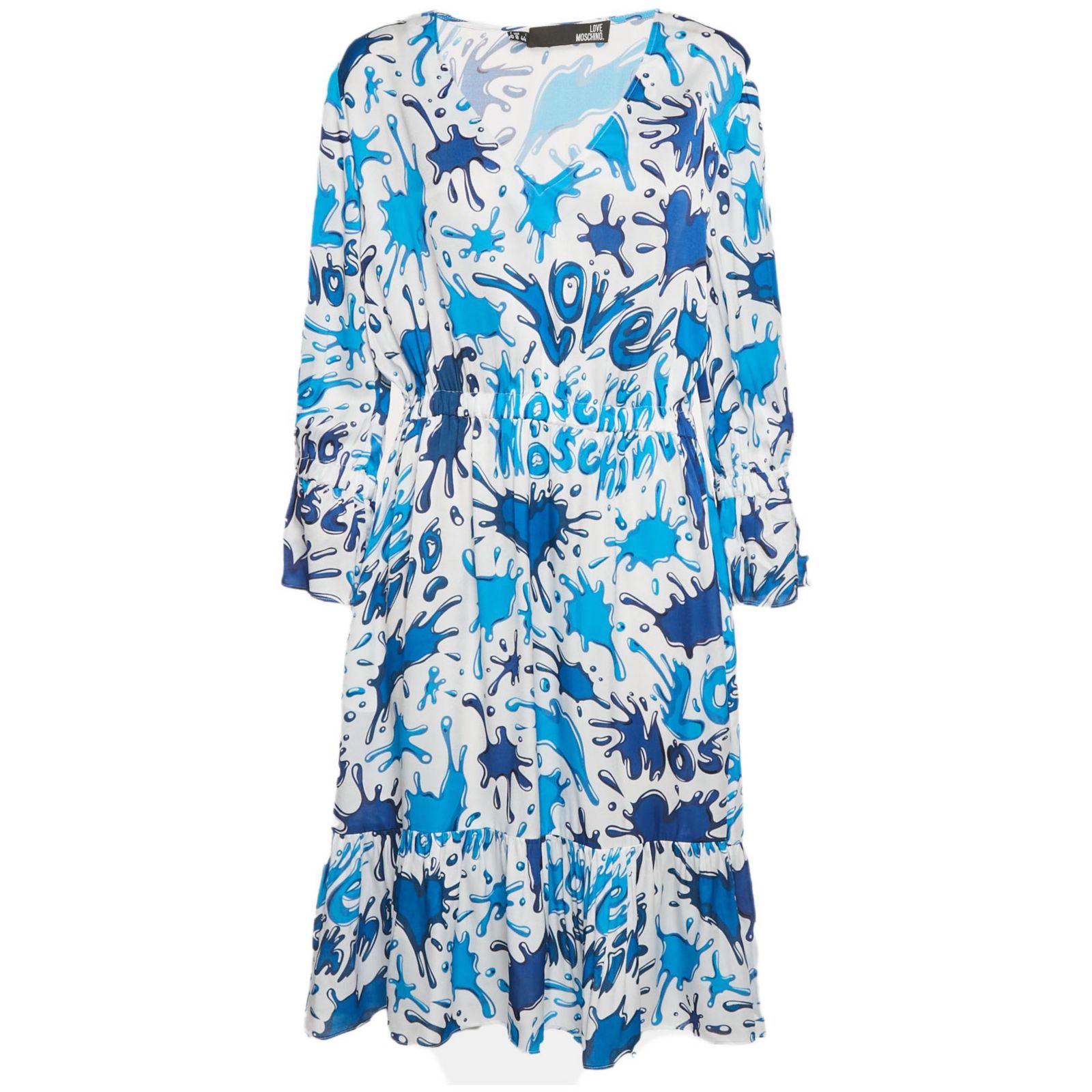 Pre-Owned Love Moschino Women's Blue/white Paint Splashed Satin Midi Dress