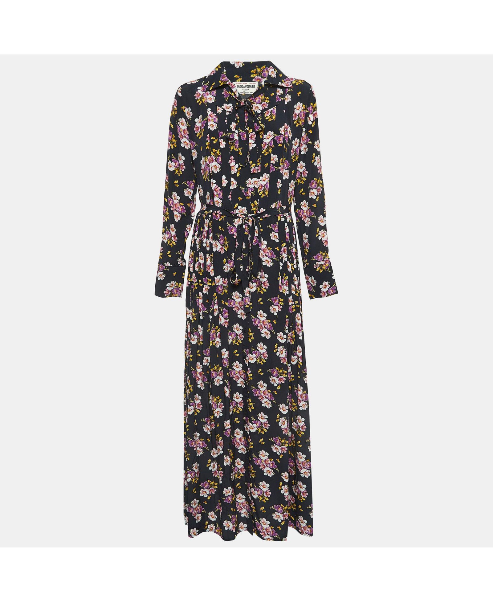 Pre-Owned Zadig & Voltaire Women's Pre-Owned Zadig and Voltaire Black Floral Print Silk Pleated Button Front Maxi Dress