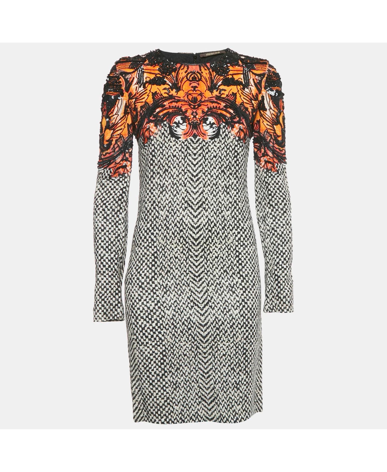 Pre-Owned Roberto Cavalli Женское платье миди из крепа с бисером, черное/белое