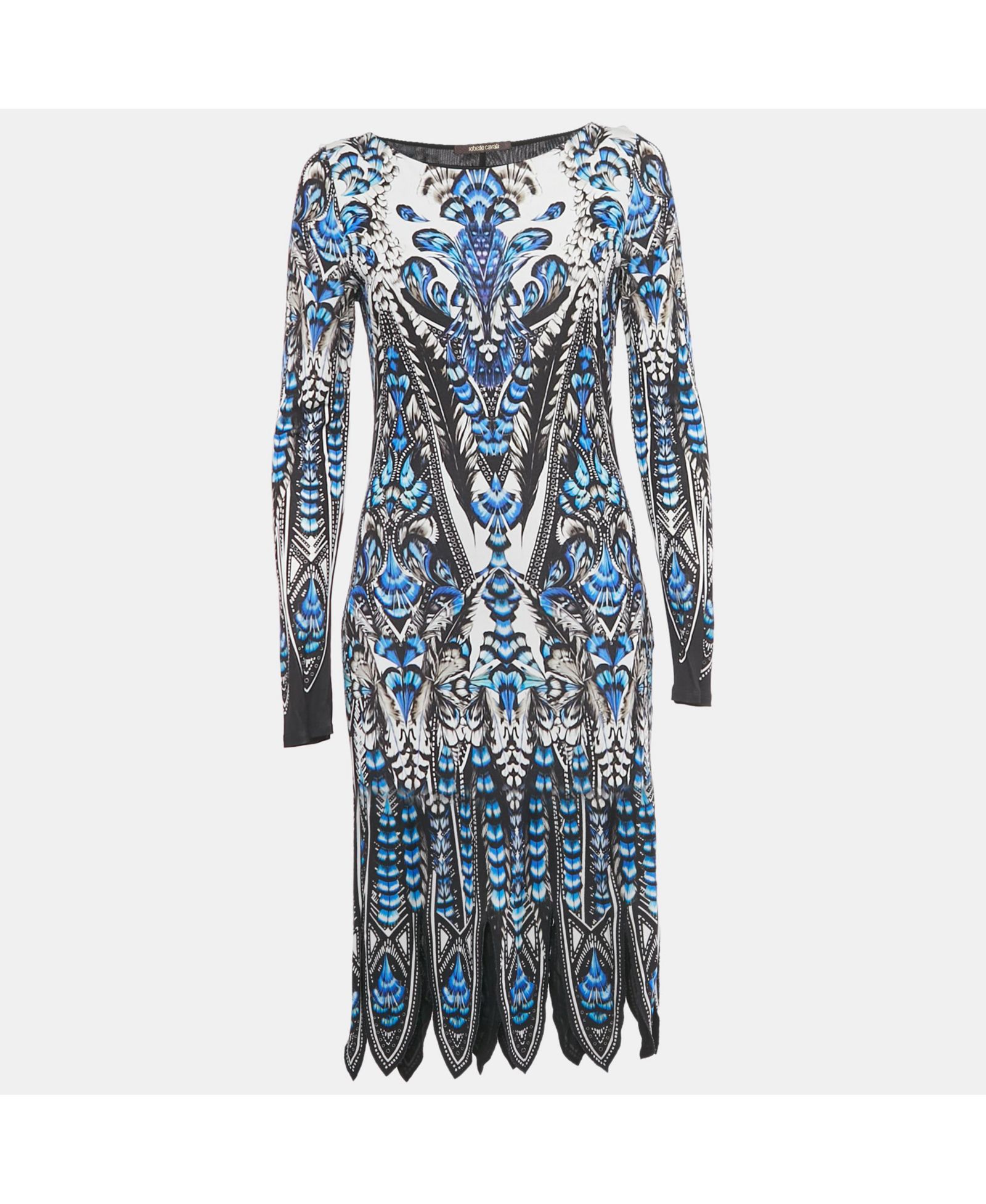 Pre-Owned Roberto Cavalli Женское синее принтованное трикотажное платье с длинным рукавом