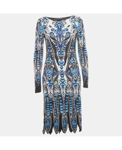 Pre-Owned Roberto Cavalli Женское синее принтованное трикотажное платье с длинным рукавом