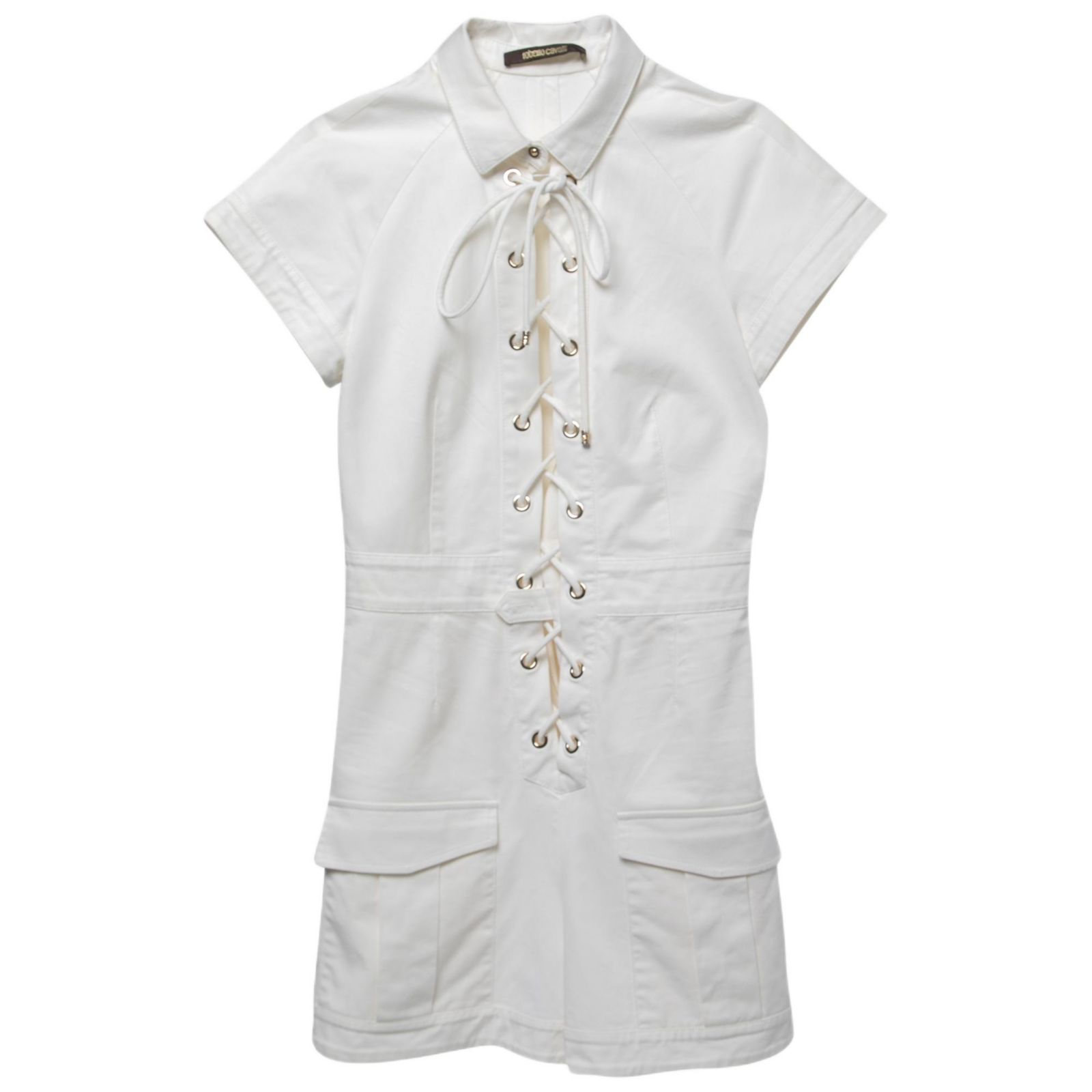 Pre-Owned Roberto Cavalli Women's White Cotton Lace-Up Playsuit
