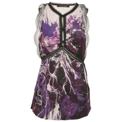 Pre-Owned Roberto Cavalli Women's Purple/multicolor Printed Lace Trim Detail Top