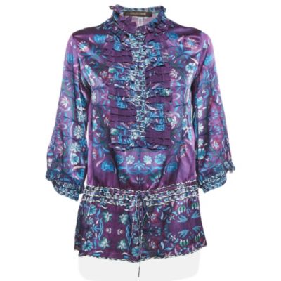 Pre-Owned Roberto Cavalli Women's Purple Floral Print Silk Ruffled Top