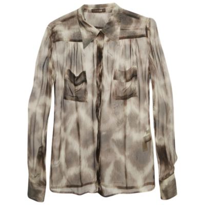 Pre-Owned Roberto Cavalli Женская шелковая прозрачная рубашка с анималистичным принтом коричневого цвета