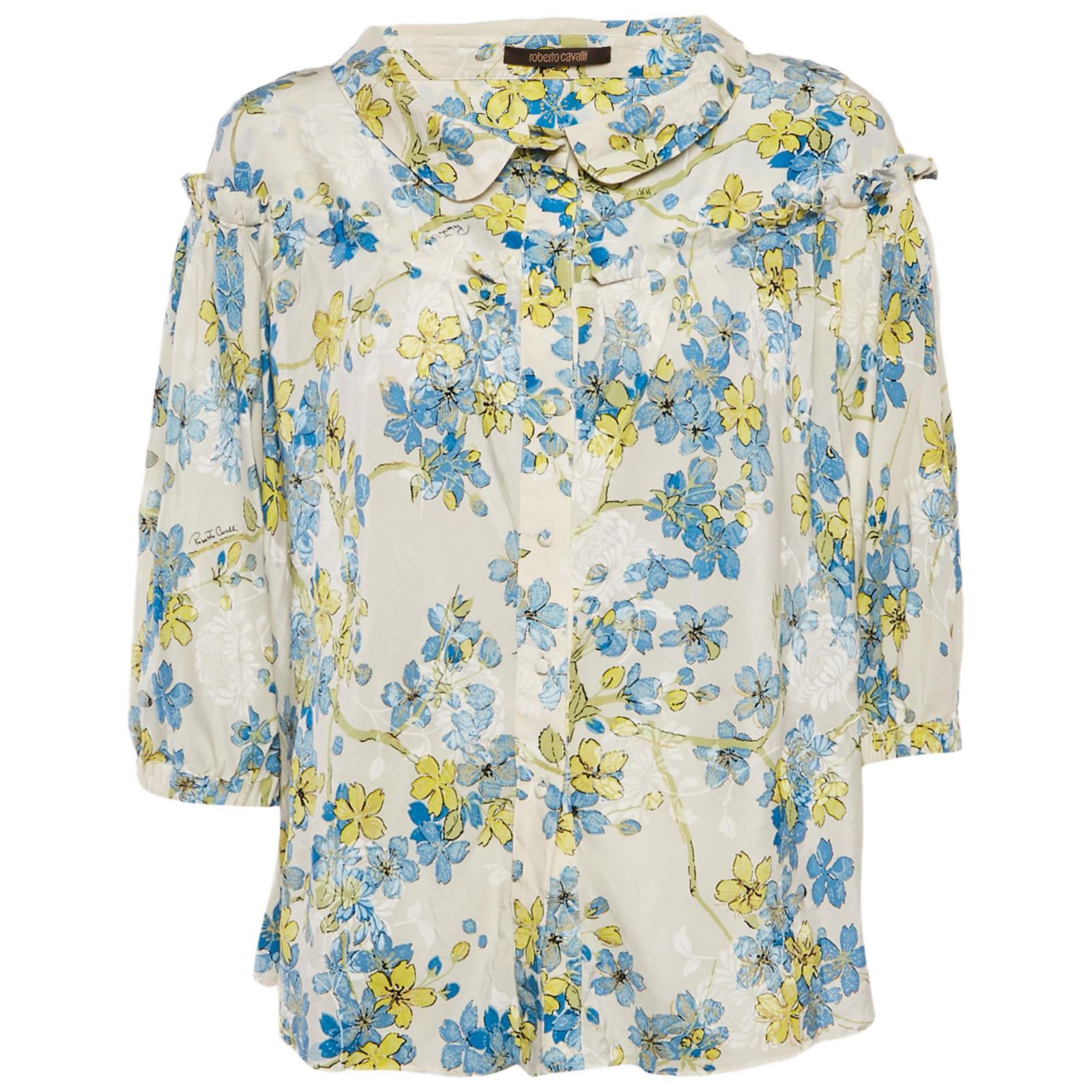 Pre-Owned Roberto Cavalli Women's White/blue Floral Print Silk Ruffled Blouse